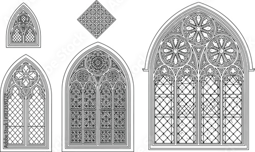 Gothic stained glass window designs collection, medieval church cathedral tracery illustration set, black and white architectural line art