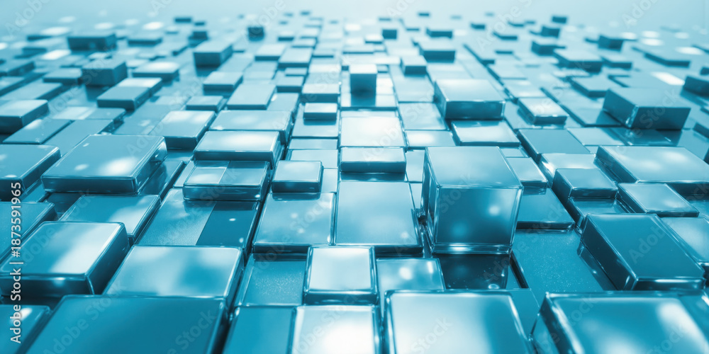 Fototapeta premium Abstract Blue Glass Cubes Background A close-up, slightly angled view of a surface covered in reflective blue glass cubes, catching