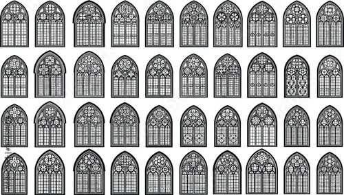 Gothic stained glass window mega set illustration, medieval cathedral church windows collection, ornate architectural line art, black white, vector, design