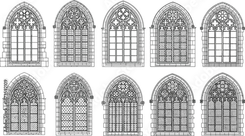Gothic stained glass window set illustration, medieval cathedral church windows collection, ornate architectural line art, black white