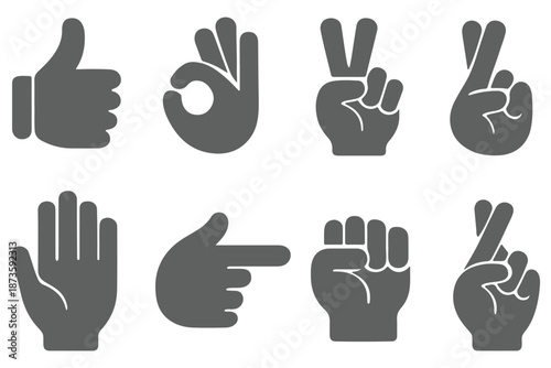 Hand gestures vector icons set. Like, dislike, love, peace, rock and wave signs. Thumbs up, heart, victory, fist and clap hands silhouette. Communication symbols. 