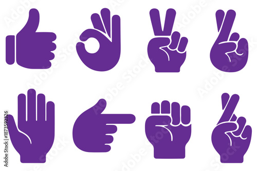 Hand gestures vector icons set. Like, dislike, love, peace, rock and wave signs. Thumbs up, heart, victory, fist and clap hands silhouette. Communication symbols. 