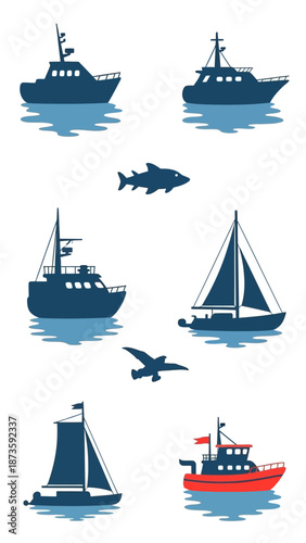 Nautical Silhouettes: Boats, Sailboat, Shark, and Seagull on Water Reflections
