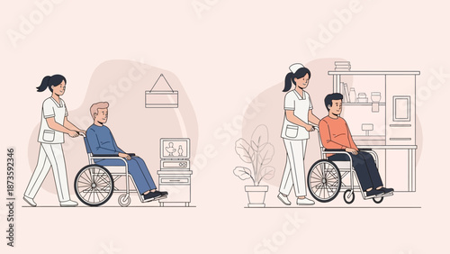 Nurse assisting elderly man in wheelchair, home care, medical support, illustration