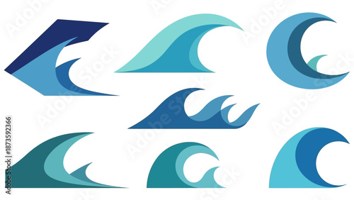 Ocean Wave Icons Set, Blue Water Splash Symbols, Abstract Marine Design