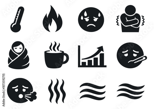 Glyph illness and temperature icon set featuring thermometer, fire, sweating, shivering, and sick faces for health and medical symptoms