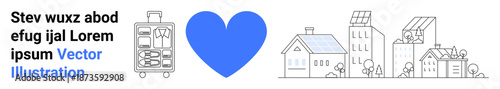 Travel, eco-friendly cities, renewable energy, green living, sustainability, tourism. Luggage, blue heart and buildings with solar panels . Travel and eco-friendly cities concept