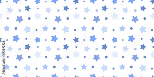 Seamless pattern with cute hand-drawn blue stars and dots on a white background. Simple nursery pastel wallpaper for baby boy fabric, wrapping paper, and textile design. Minimalist celestial backdrop.