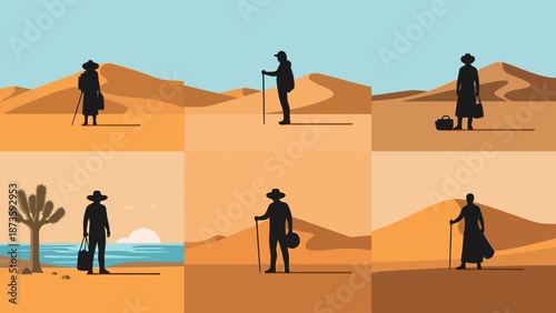 Silhouette Traveler in Desert Landscape, Journey and Adventure Concept