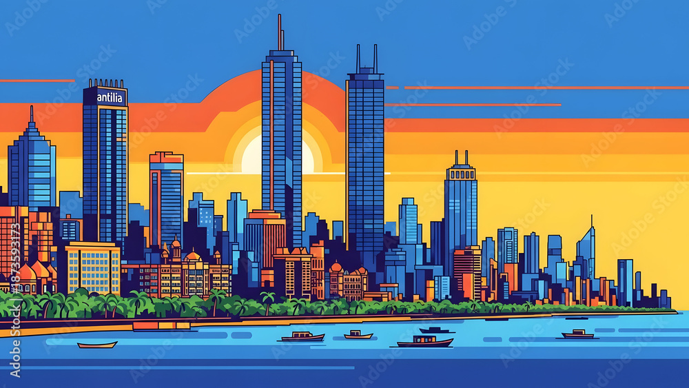 Obraz premium Flat vector illustration of Mumbai city skyline featuring dense coastal skyscrapers and urban silhouette in solid strong colors with no gradients showcasing iconic Indian architecture design.