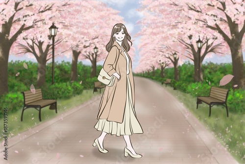 桜の散歩道を笑顔で歩く女性