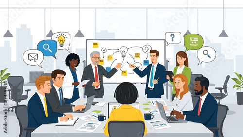 A successful corporate team of businesspeople and managers conducts a professional meeting and presentation using laptops for teamwork and communication at an office conference table