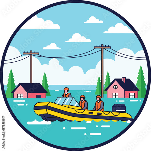 Rescue team in a yellow motorboat navigating a flooded village to save people from submerged houses during disaster