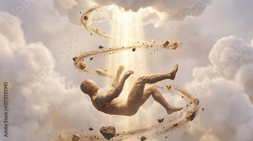 Creation of man from dust, falling from heaven through clouds and golden light. Genesis concept symbolizing the beginning of human life.