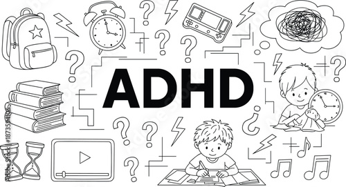 ADHD attention disorder illustration, child learning challenges concept, focus time management symbols, education mental health line art