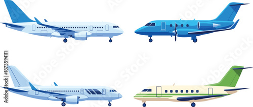 Airplane icons, commercial jet, turboprop plane, private aircraft, aviation illustration, flight concept, blue background, aircraft types, travel, transport