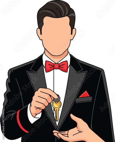 Faceless man in a tuxedo presenting a gold key is suitable for business presentations, real estate concepts, success themes, and key symbolism.