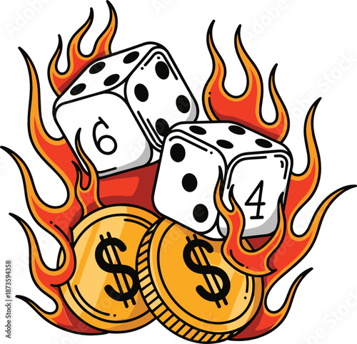 Gambling vector illustration featuring flaming white dice and gold dollar coins in a bold tattoo style for casino gaming designs