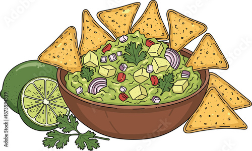 Guacamole bowl with tortilla chips, avocado dip, Mexican appetizer, cilantro garnish, lime wedge, snack food, vector illustration, top view