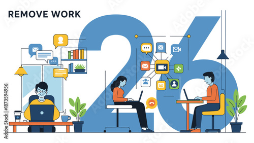 remote work illustration with 3 people and laptops