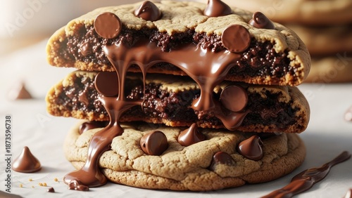 Stack of Warm Chocolate Chip Cookies with Melted Chocolate Drizzle.