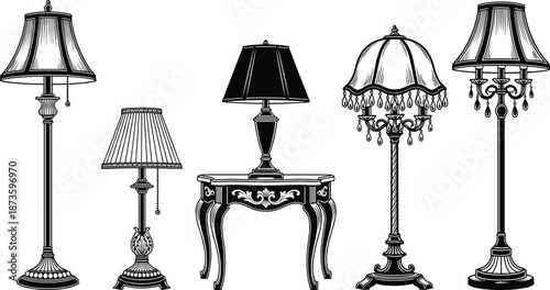 Vintage decorative table and floor lamps with ornate shades, classic interior lighting design, antique lamp illustration set for home decor visuals