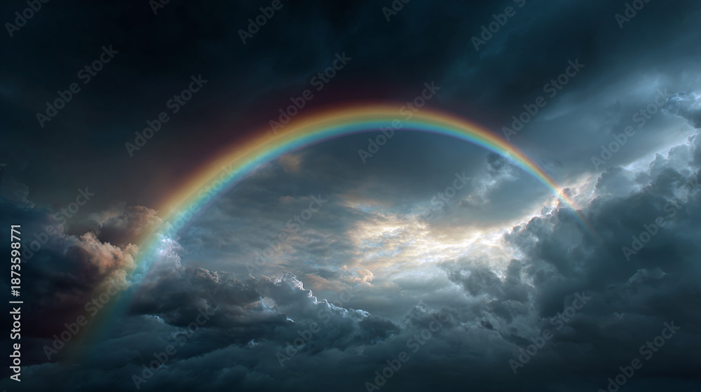 Obraz premium A vibrant rainbow arches across a dramatic sky, symbolizing hope after the storm