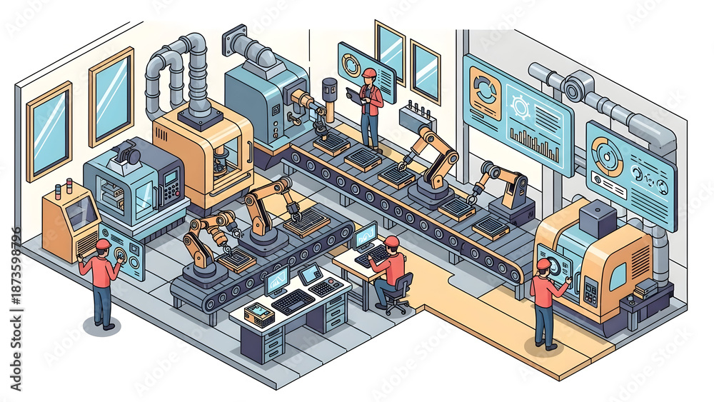 Obraz premium an automated smart factory production line featuring industrial robotic arms, high-tech machinery, and digital monitoring systems for manufacturing.
