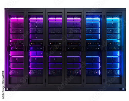 Server racks glowing with multicolored lights, showcasing data center hardware