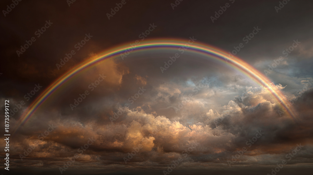 Fototapeta premium A Vibrant Rainbow Arched Across a Dramatic Cloudy Sky. A captivating scene of a rainbow emerging from the clouds, illuminating the landscape below. 