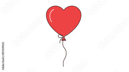 Single Red Heart Shaped Balloon Floating Upwards With String Tied To Its Base Isolated On White Background Simplified Clean Design