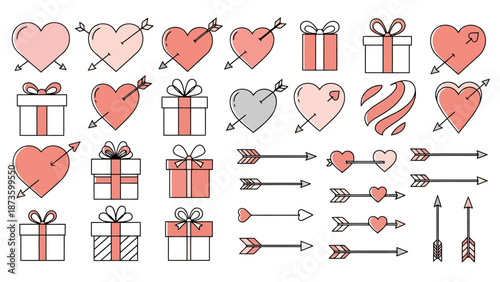 Collection Of Heart Shapes Gift Boxes And Arrows Icons Element For Romantic Celebration Design