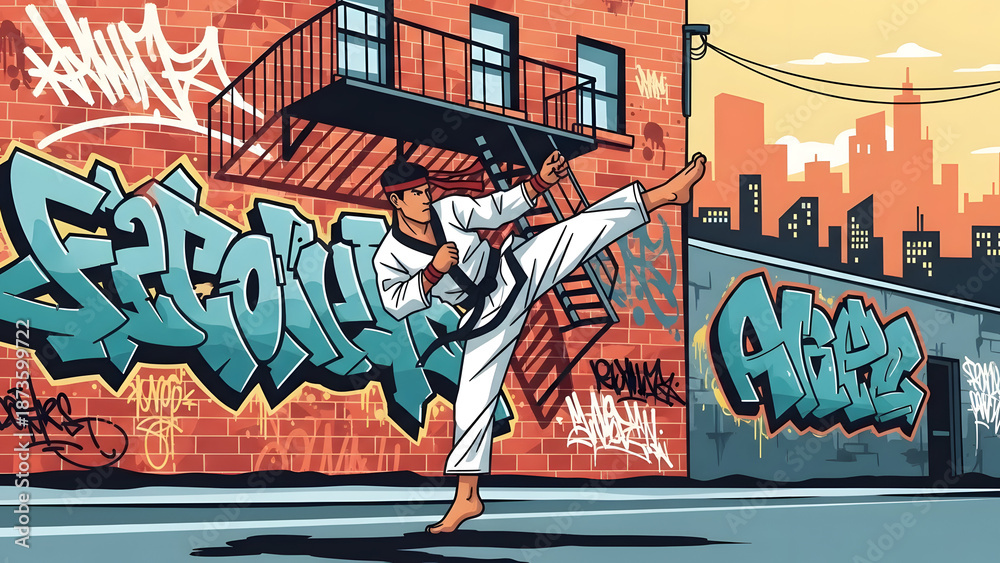 Obraz premium Martial Artist Executing Powerful High Kick Against Vibrant Urban Mural Graffiti City Background Sport Action Design