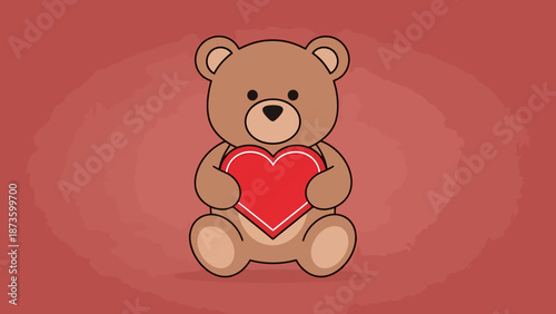 Cute Teddy Bear Holding Red Heart Shape Presenting Love Symbol On Romantic Pink Background For Valentine Day Theme