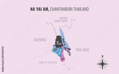 Map showing Na Yai Am District Chanthaburi Thailand divided into sub districts with minimalist colorful patterns