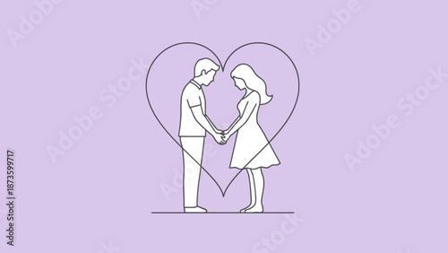 Minimalist couple holding hands inside a large heart outline symbolizing love and connection for concepts of romance and togetherness