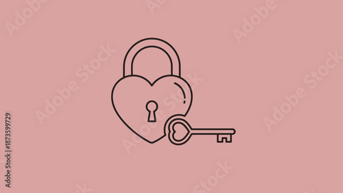 Heart shaped padlock and key symbol for love security privacy and relationship protection concept isolated on soft pink background simple outline