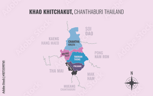 Map showing Khao Khitchakut District Chanthaburi Thailand divided into sub districts with minimalist colorful patterns
