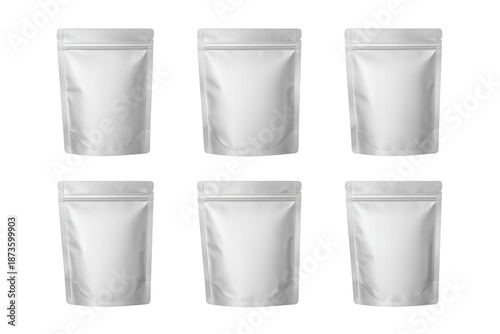 Flexible pouches mockup set with zipper, stand up food bag doypack, realistic blank packaging template on transparent background