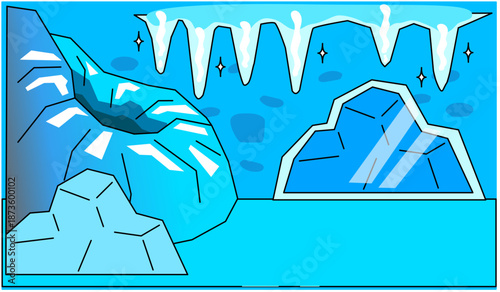 氷の洞窟と氷山を描いた、ファンタジー調の冬の背景イラスト