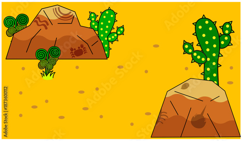 サボテンと岩が点在する乾いた砂漠をポップに描いた背景のイラスト