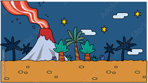 火山とヤシの木がある南国の夜を描いた、ファンタジー背景イラスト