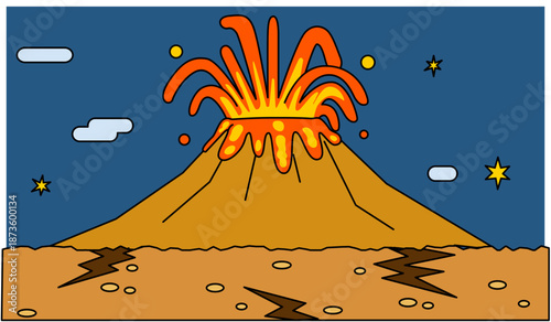 噴火する火山を描いた、ポップでシンプルなファンタジー背景イラスト