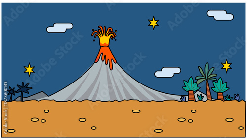 噴火する火山と南国の島を描いた、夜のファンタジー背景イラスト