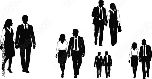 Business people walking together silhouette illustration, professional couple teamwork concept, corporate colleagues strolling side by side, formal office attire vector artwork