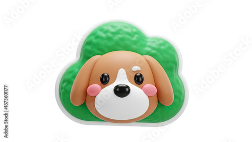 Cute 3D Cartoon Dog Face Icon with Green Cloud Background