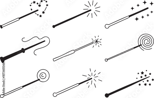 Magic wand icons with sparkle stars fantasy spell elements in line style