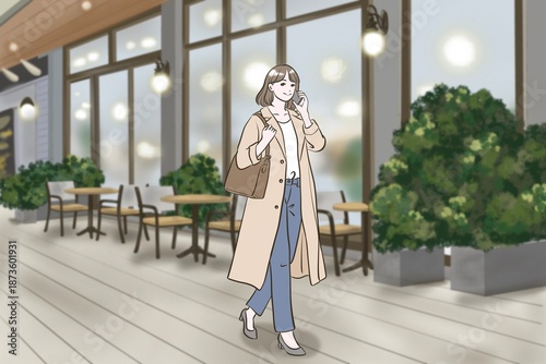 カフェ前をスマホで電話しながら歩く女性
