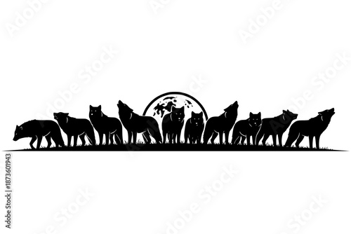 Pack of wolves silhouette with full moon