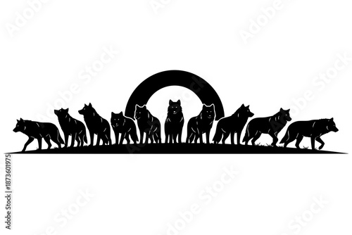 Silhouette of wolf pack howling at full moon